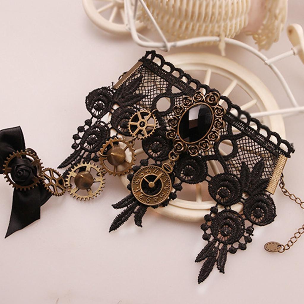 2colors Women Gear Clock Bracelet Ring Goth Style Adjustable with Ring Long Bracelet Gothic Wedding Bridal Accessories