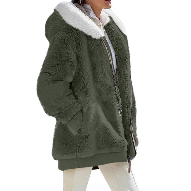 Women's Casual Solid Color Loose Plush Hooded Jacket With Pockets Zippered