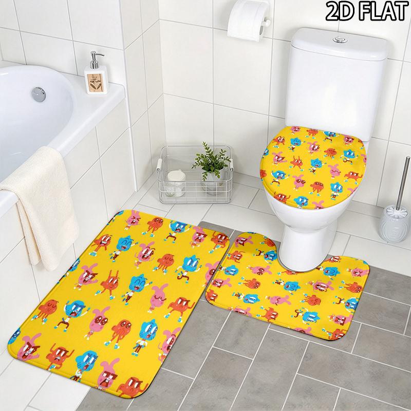 3pcs The Amazing World of Gumball Pattern Flannel Nonslip Absorbent Washable Decorative Bathroom Home Toilet Seat Cover Mat