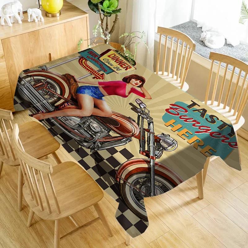 One vintage-style tablecloth with a Pin-Up motorcycle design.PMJ