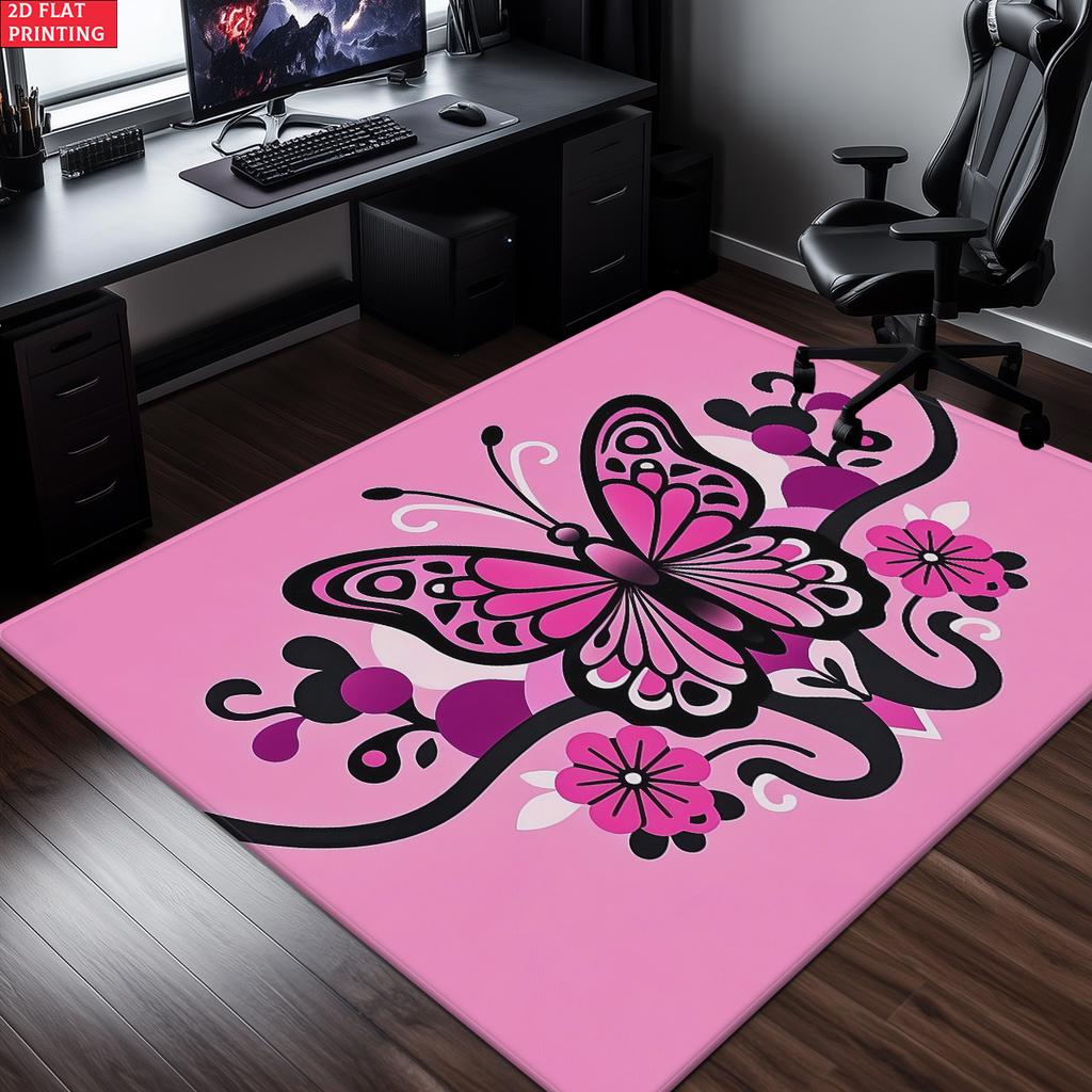 Pink Butterfly Floral Area Rug, Non-Slip Soft Carpet for Living Room Bedroom, Cute Cartoon Decorative Floor Mat for Kids Room