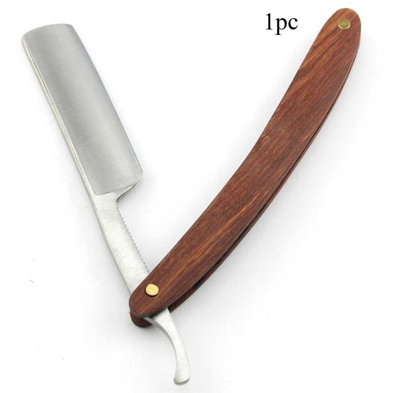 1pc/2pcs Vintage Wood Handle Straight Edge Stainless Steel Barber Razor Folding Shaving Knife