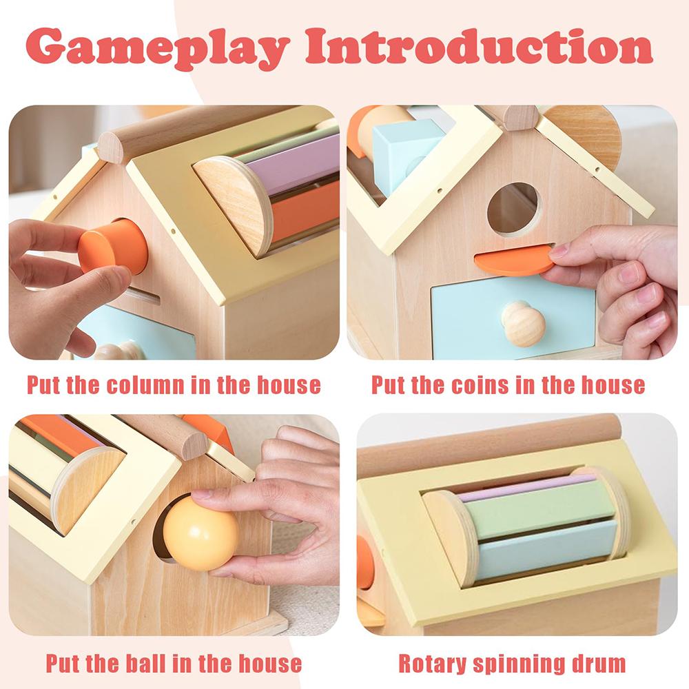 Montessori Wooden Toys 5 In 1 Object Permanence Box Ball Coin Drop Toy House Rainbow Spinning Drum&Shape Sorter for Toddlers