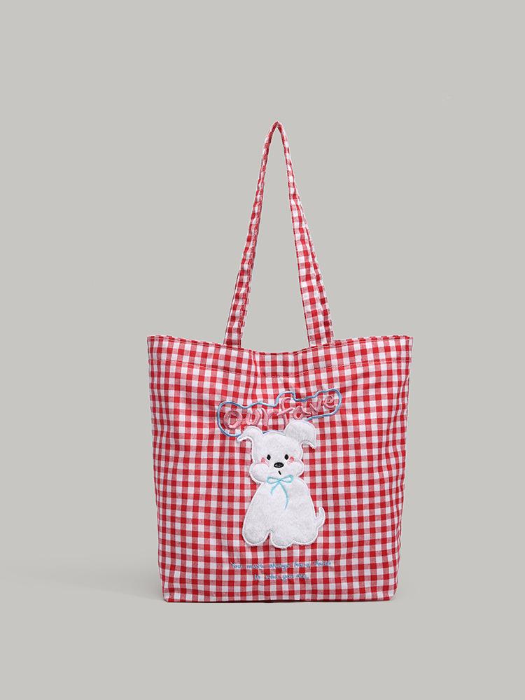 

2025 new red plaid student class shoulder tote bag women s large capacity cute embroidered dog canvas bag красный