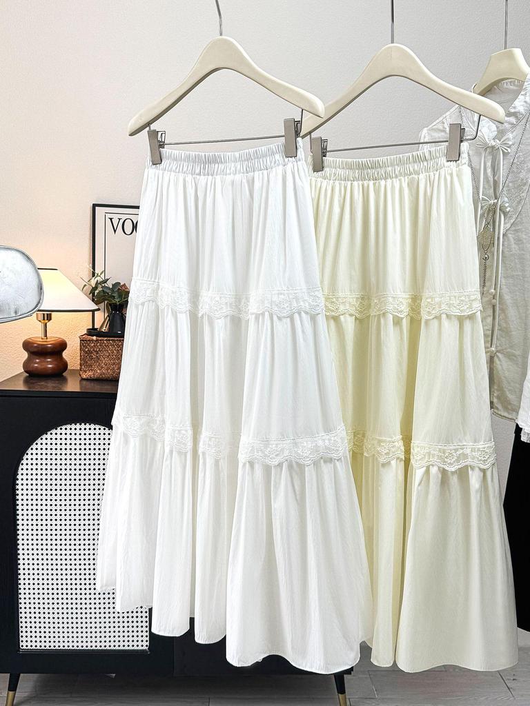 2026 Spring/Summer French Niche White Lace A-Line Ruffle Skirt with Wide Hem