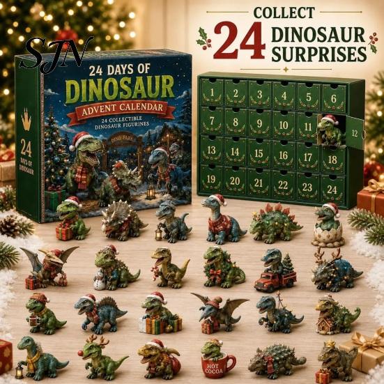 Dinosaur Themed Christmas Decor Advent Calendar, 24Pcs Acrylic Ornament Set with Cute Daily Holiday Anticipation Gift Dino Figures, Countdown Box, for