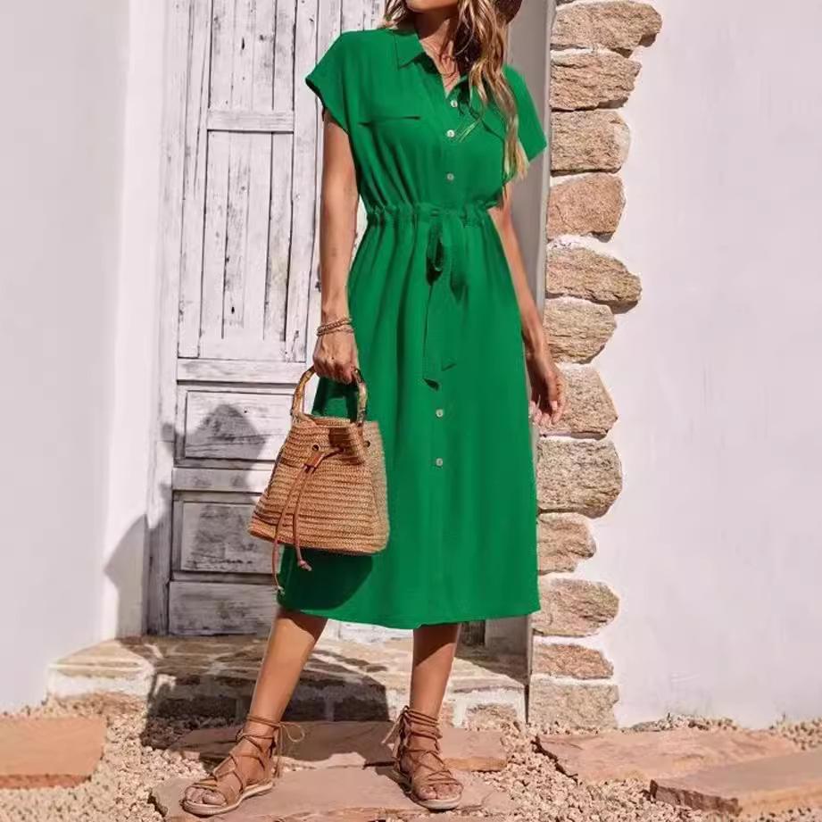2024 Women's Fashionable Shirt Collar Waist-Cinching Dress with Waistband