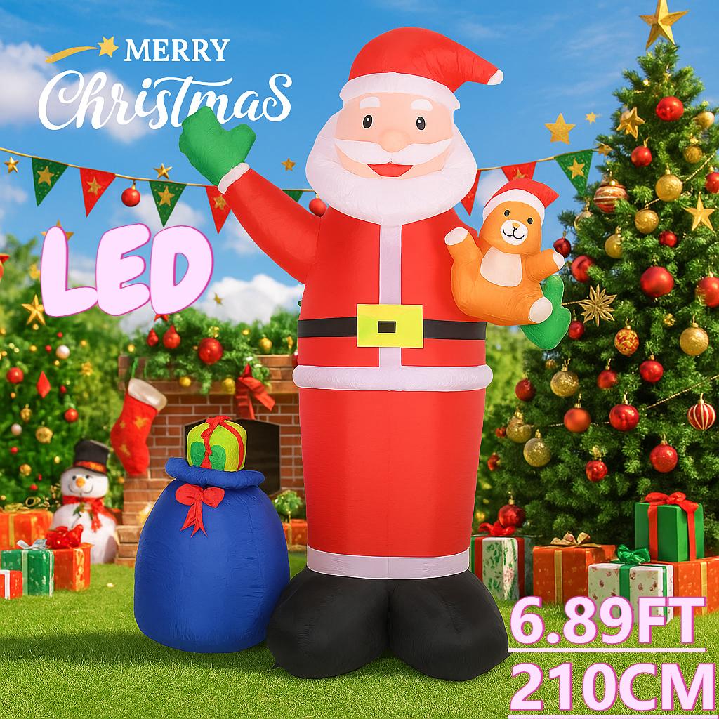 

6.89FT Christmas Inflatable Toys Xmas Yard Lawn Party Decoration Santa Claus Gift Bag Teddy Bear LED Lit Home Supplies Ornaments EU