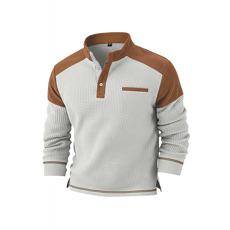 New Winter Men Waffle Knit Faux Pocket Casual Stand Collar Long Sleeve Corduroy Sweatshirt
