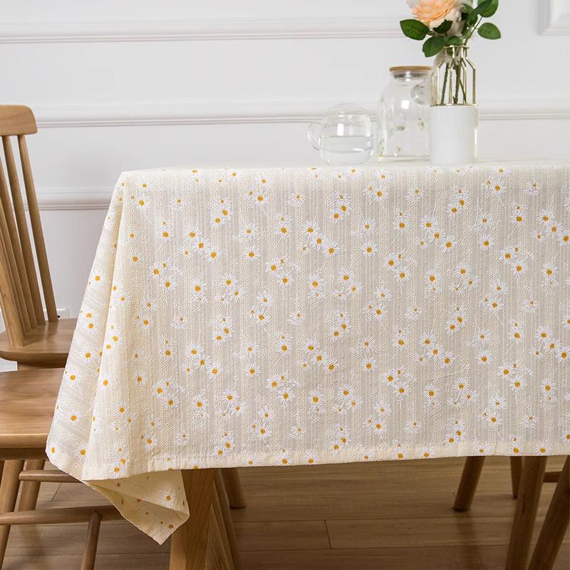 Pastoral Beige Daisy Cotton Linen Tablecloth - Japanese Style Floral Design