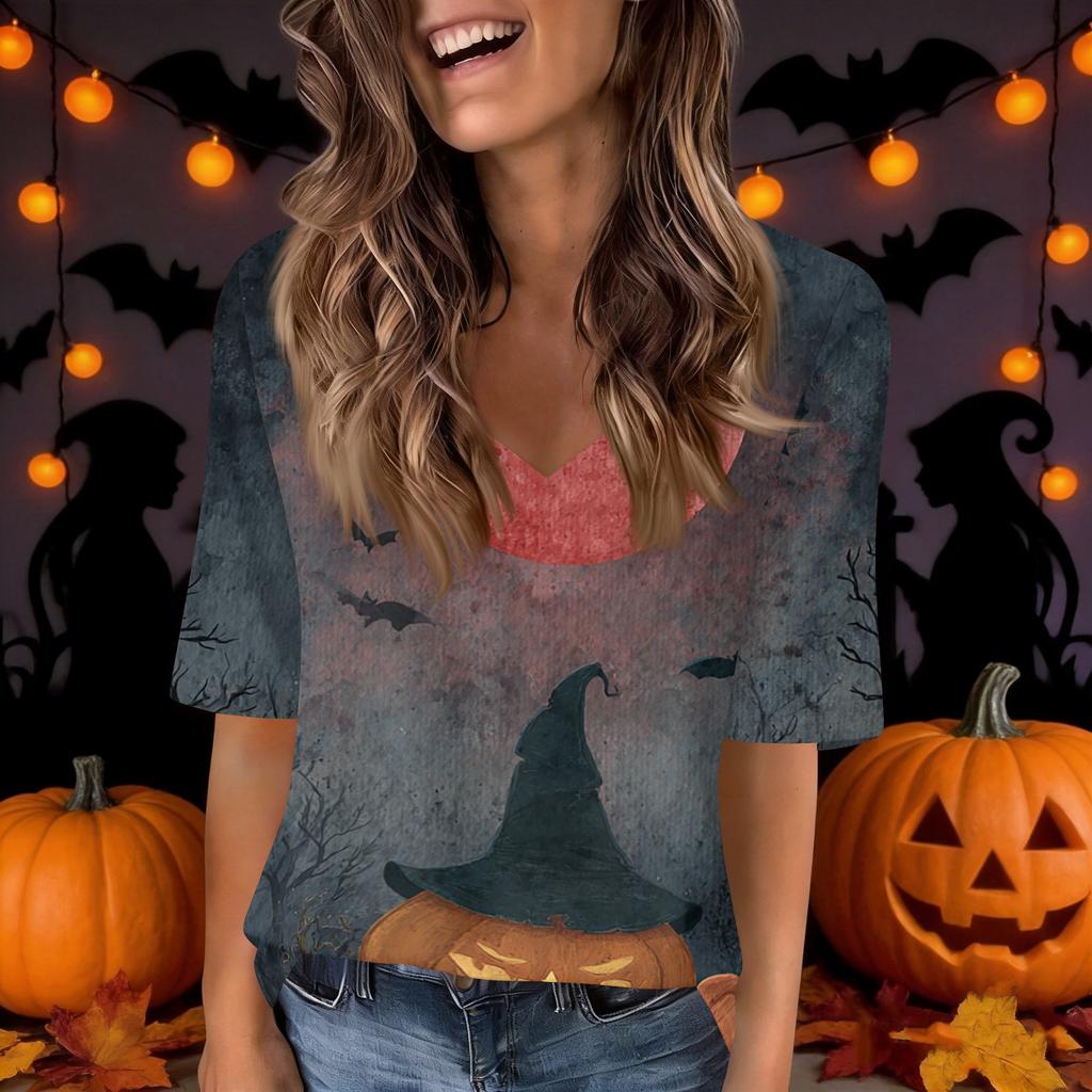 Women's Fashion Short Sleeve V Neck Halloween Print Tunic Top for Casual Wear