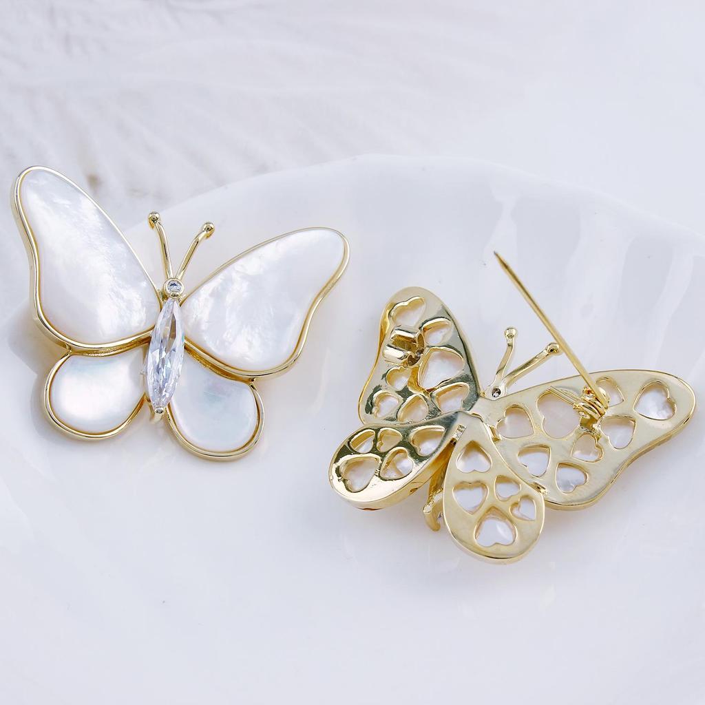 Gold-Plated Natural Shell Butterfly Brooch with Zirconia Flower - Elegant Women's Accessory