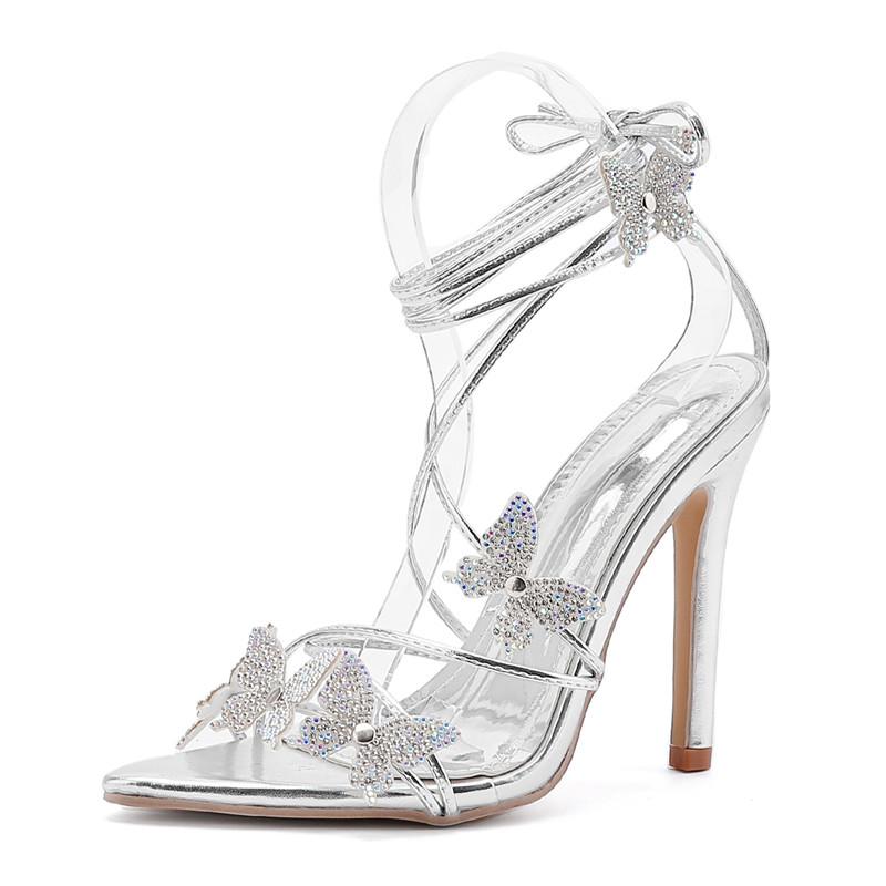 

Fashion Ins style Luxury Rhinestones Butterfly Women Sandals Sexy Ankle Strap Lace-up High heels Gladiator Sandals Fashion Summer Shoes 42 серебряный
