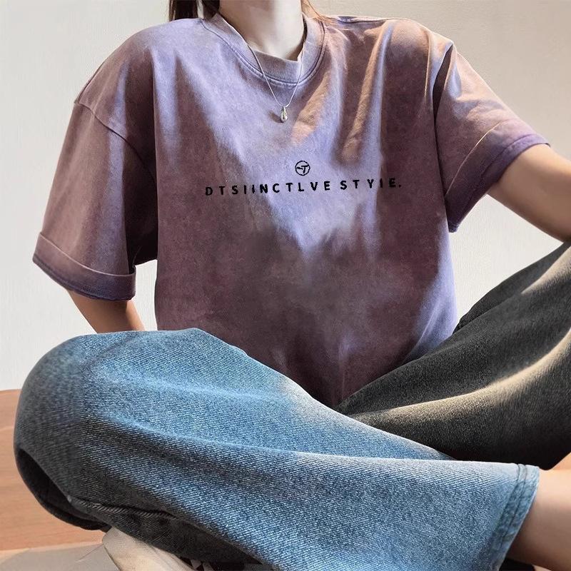 Damen T-Shirt mit kurzen Ärmeln, Rundhalsausschnitt, Hip-Hop-Stil, Bedrucktes Oberteil, Vintage-gewaschene Baumwolle, Lässiges T-Shirt