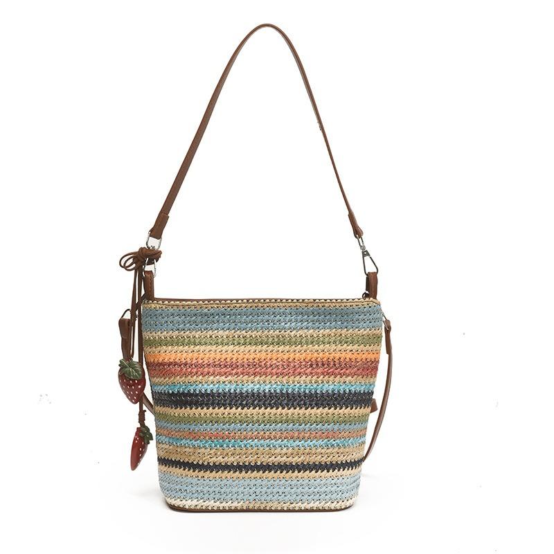 Popular Fashion Contrasting Color Woven Bag Women's Summer New Casual Versatile Bucket Bag Crossbody Shoulder Bag