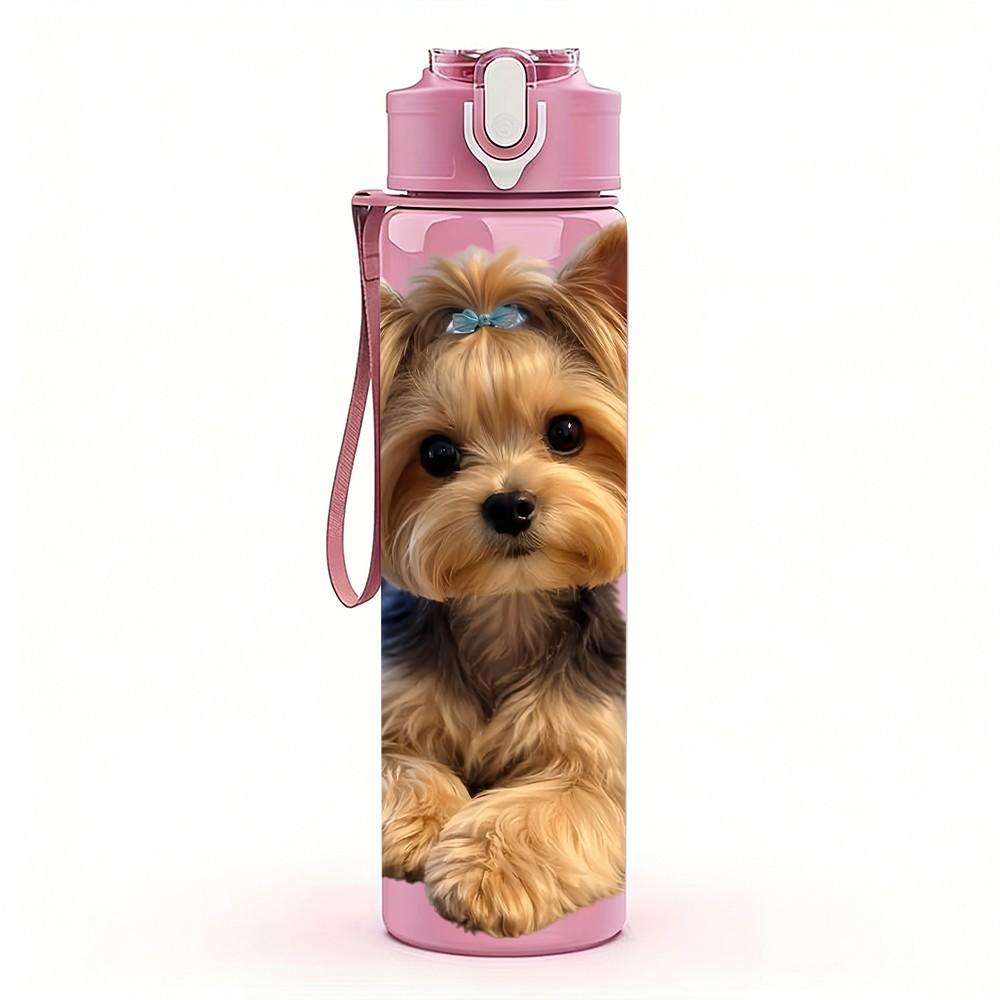 1PC Gentle Yorkie Puppy Close View 750ml Color Plastic Sports Water Bottle Leakproof Flip Straw Lid Suitable for Sports Office Home Use