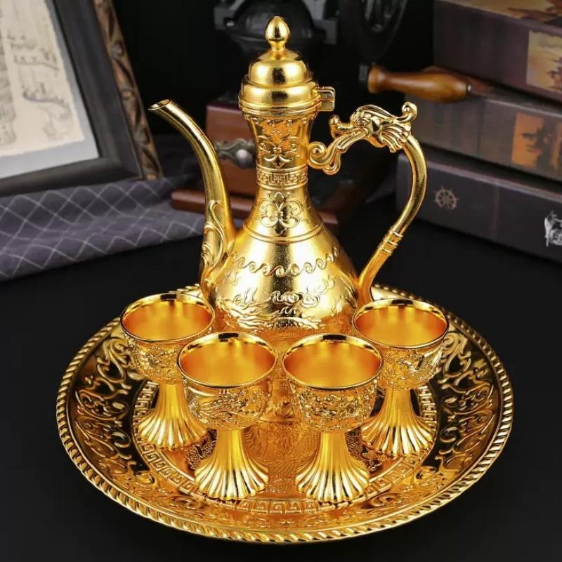 European Wine Set, Alloy Home Wine Pot Wine Glass Set, Golden Vintage Wine Glass, Wine Pot Home Living Room Decoration,24cm,1Set