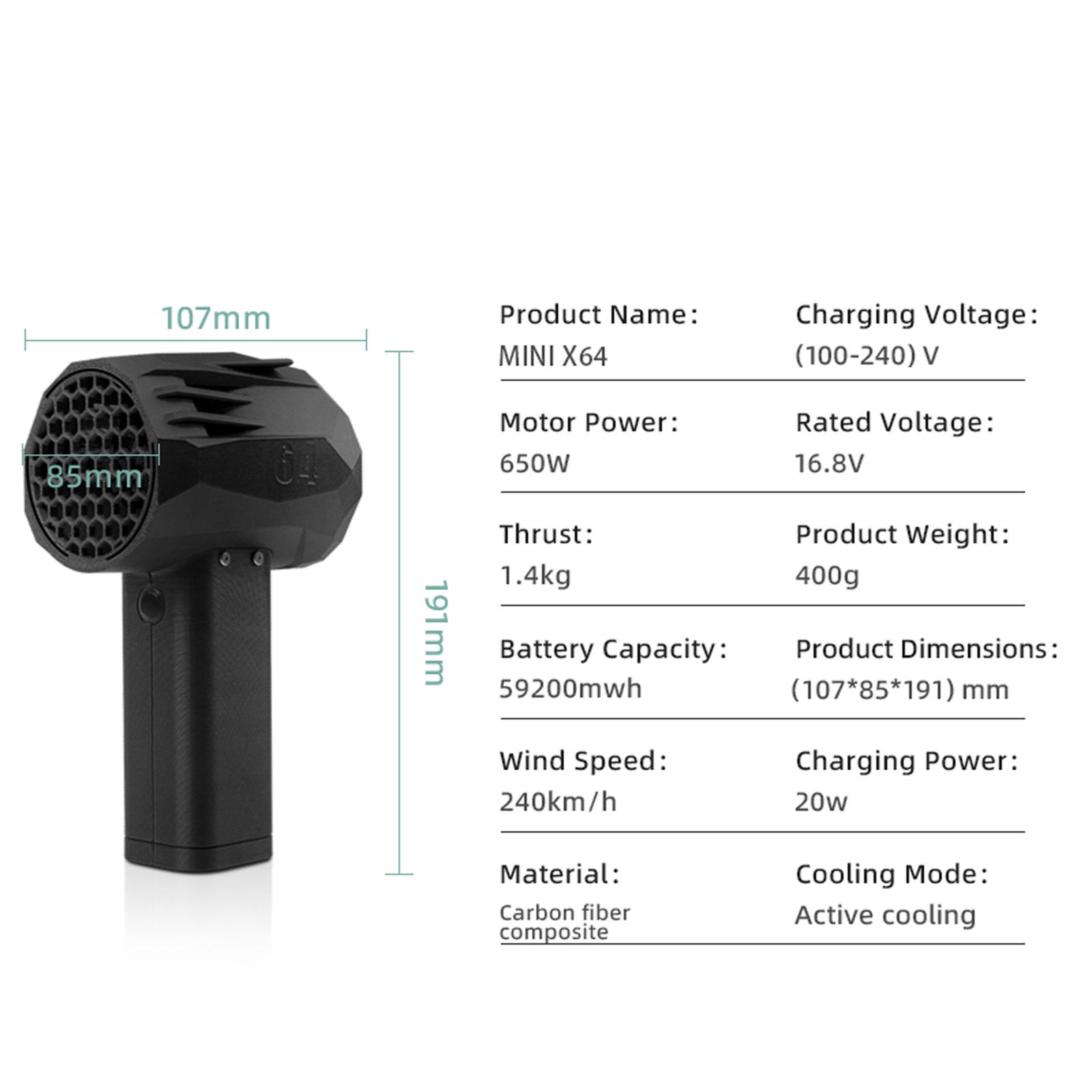 

4-й MiniX64 Ручной турбореактивный вентилятор с бесщеточным двигателем 1,4 кг/с, 240 км/ч, воздушный пылесос для уборки кемпинга, двора, компьютера, автомобиля, очистки от пыли чёрный
