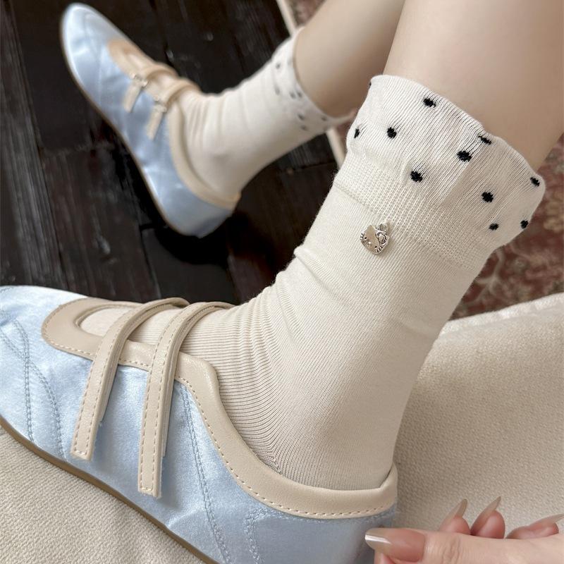 Contrasting Color Luo Kou Small Polka Dot Socks Lace Medium Tube Socks Cartoon Kt Cat Pendant Stacking Socks Jewelry Socks