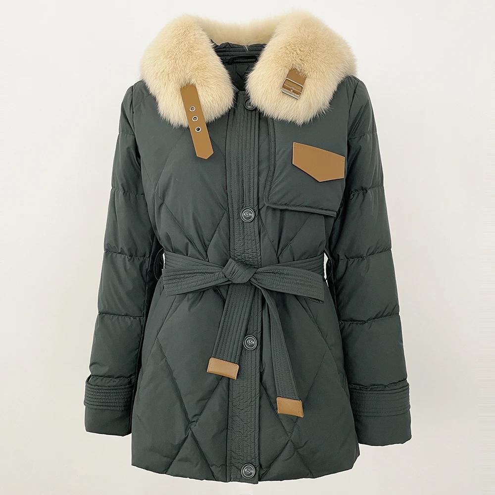 OFTBUY 2024 Winter Jacke Frauen Echt Fox Pelz Kragen Natürliche Dicke Warme Ente Unten Mantel Gürtel Oberbekleidung Streetwear Casual