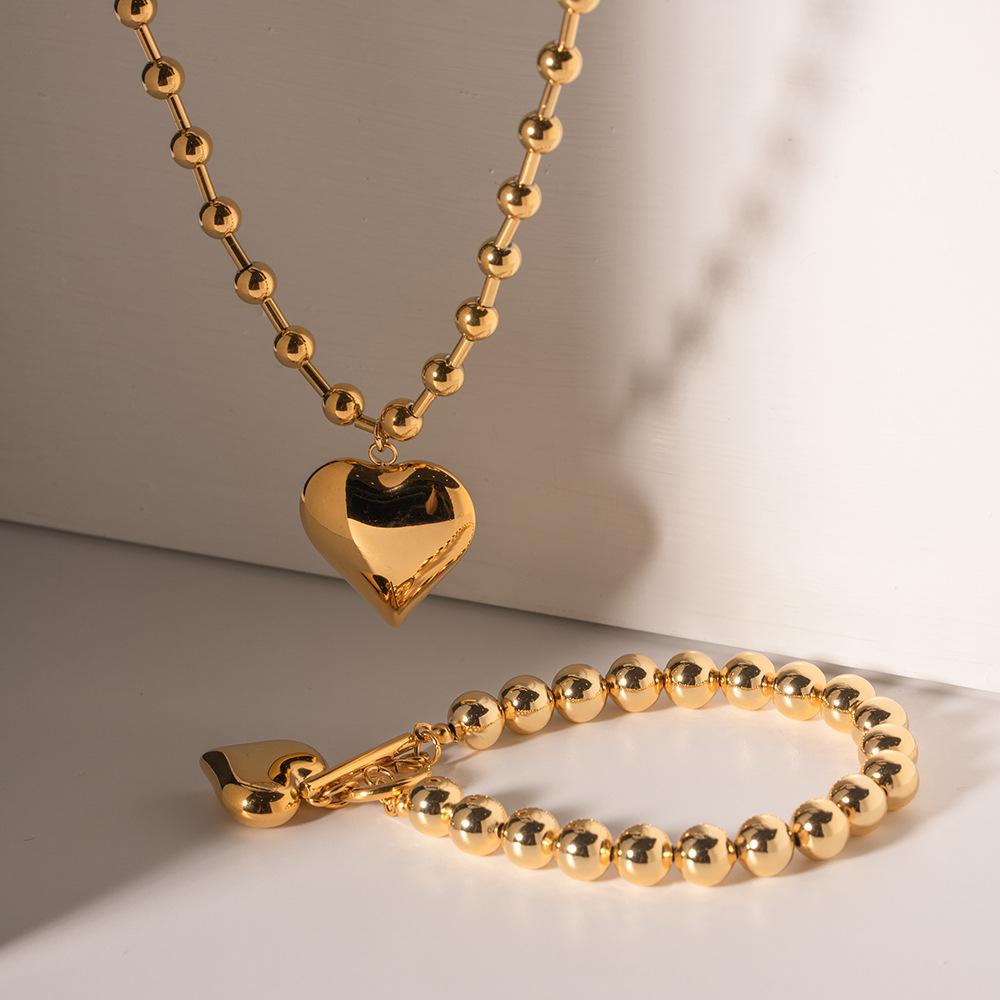 3D Heart Pendant Bead Necklace Gold Love Jewelry Elegant Women Accessories