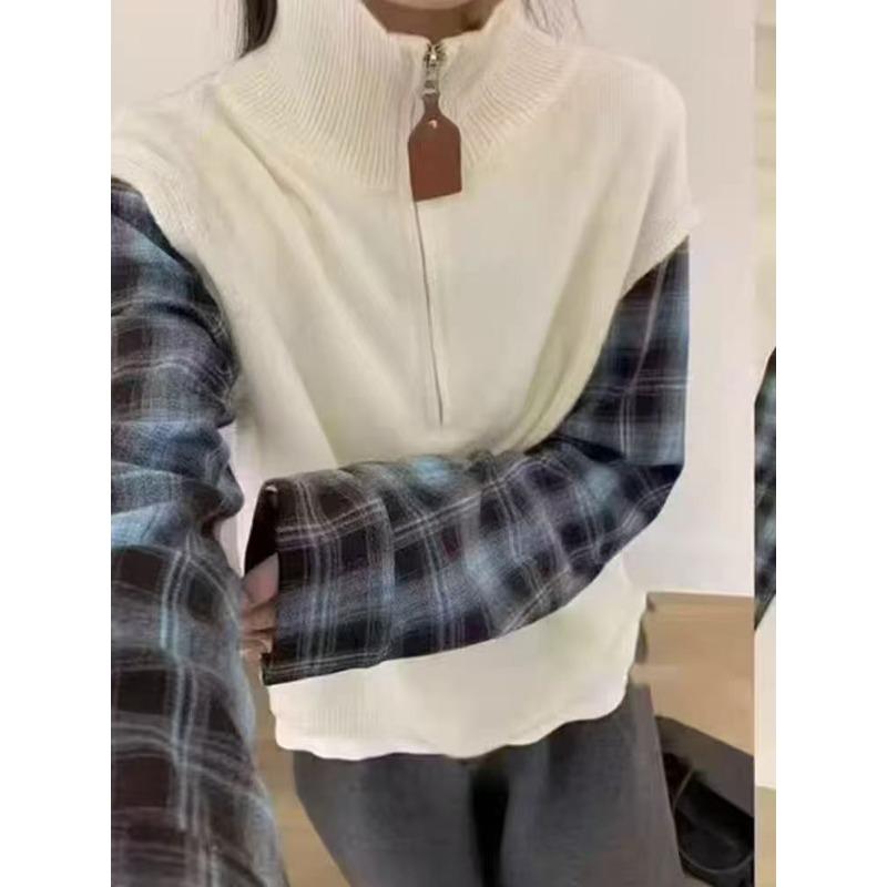 

Lapel fake two-piece knitted pullover sweater women s autumn and winter new lazy wind splicing knitted sweater top One size бежевый