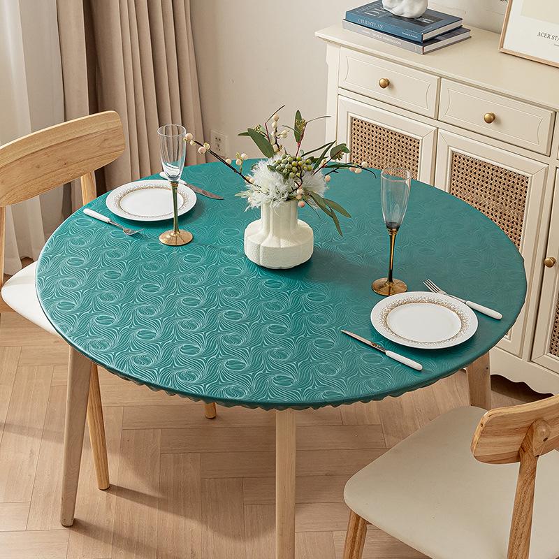 Non-Slip Waterproof Round Table Cover: Elastic, Oilproof, Anti-Scalding, Wash-Free Tablecloth for Dining Tables.