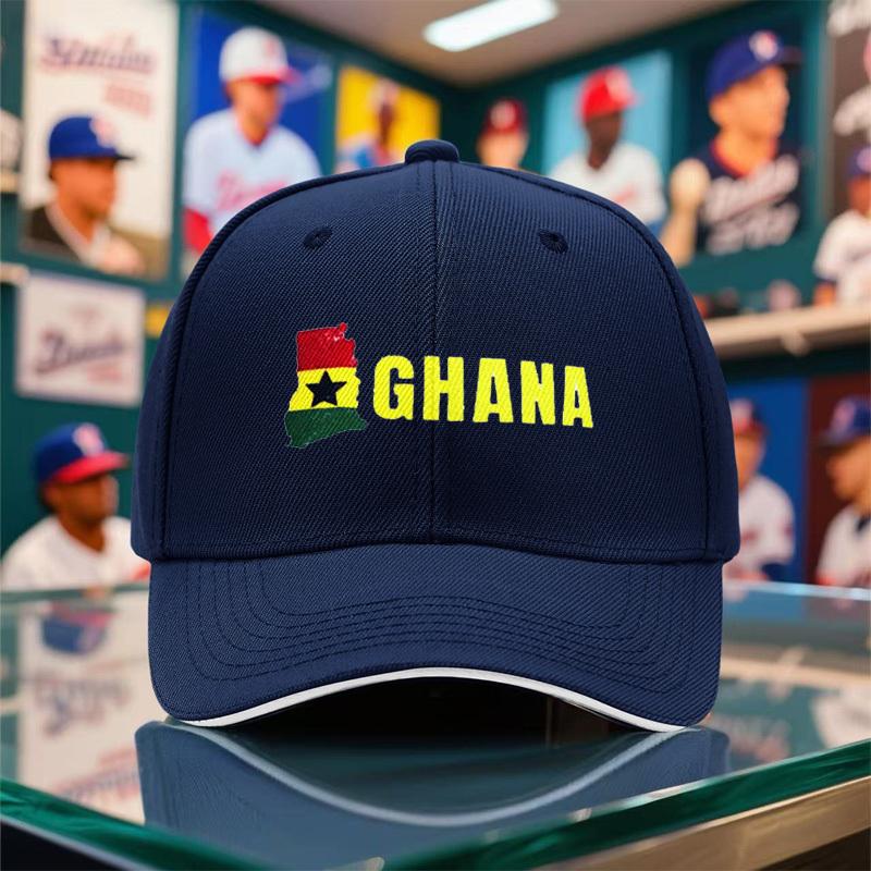 1Pc Unisex Baseball Cap, New Style Breathable Black Snapback Hat With Ghana Print For Outdoor Camping, Travel, Running, Yoga, An