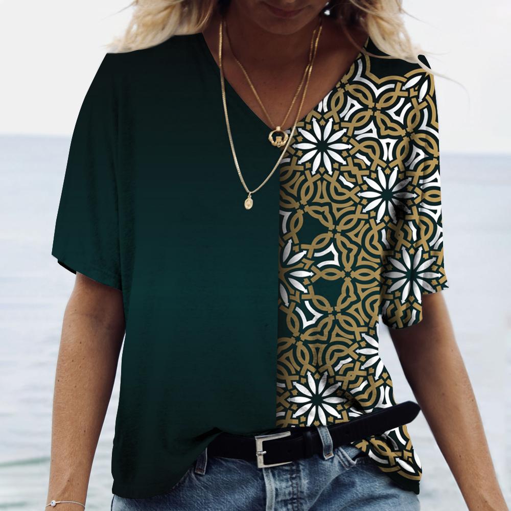 2023 neue frauen Kleidung Sommer Print T Shirt Mandala Gradienten Kurzarm Tops V-ausschnitt Pullover T-shirts Casual Streetwear plus Größe 5XL