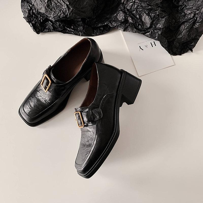 

Spring and autumn square head foot cover cowhide loafers black thick-soled non-slip comfortable sheepskin women s shoes four seasons low-heeled sing 40 чёрный