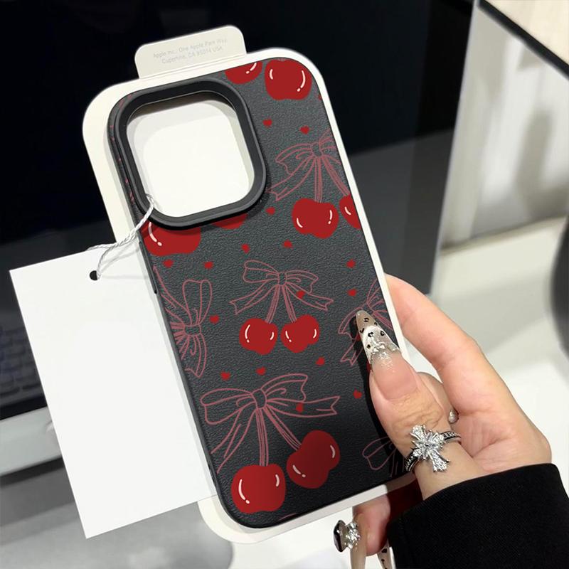 Leather Texture TPU Soft Phone Case For iPhone 16 Pro Max 15 Pro 14 13 12 11 Bowknot Cherry Print Slim Shockproof Matte Bumper Cover