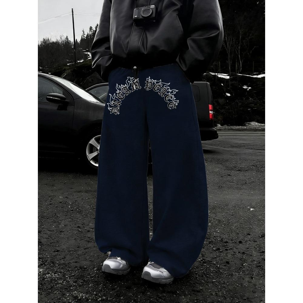 Men's Fashionable Wide Leg Pants Are Made of Polyester Fabric with Classic Letter Pattern Printing, Suitable for Loose and Casual Wear