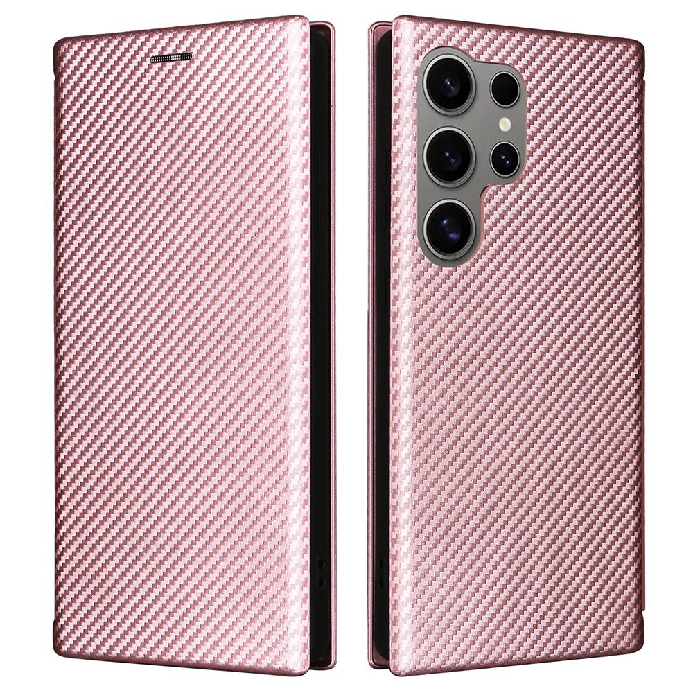 

For Samsung Galaxy S25 Ultra Case Carbon Fiber Texture Drop-Proof PU Leather Phone Cover Rose Gold
