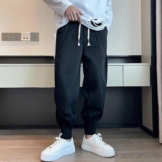 Autumn Men Pants Solid Color All Match Drawstring Elastic Waist Loose Ankle Tied Pants for Daily Wear