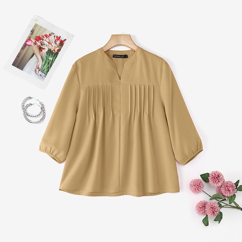 ZANZEA Women Casual Round Neck Solid Color Loose Long Sleeve Blouse