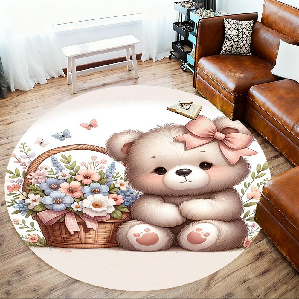 1PC Teddy bear Basket of flowers Bow Round Chair mat Area Rug - Non-Slip, Floor Mat for Office, Bedroom, home decor Christmas Gift c0528052