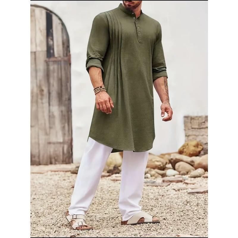 New-style plain-coloured cotton-linen button-down long-sleeved casual shirt for Muslim men