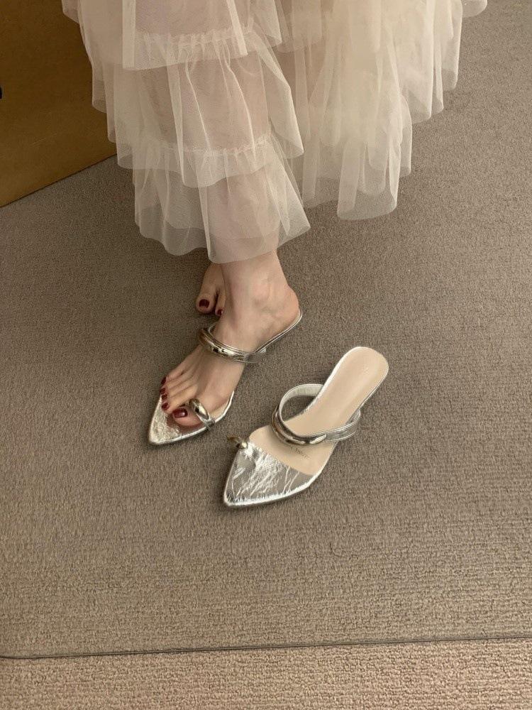 Leopard Print Toe Slippers Female Outer Wear Fairy Metal Buckle Fashion Slope Heel Pointed Toe Cover Cool Slippers