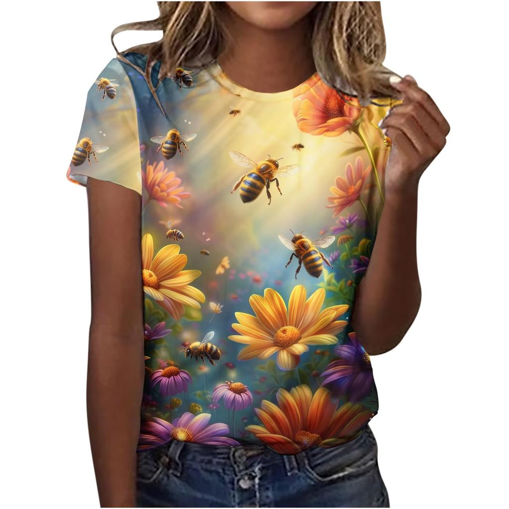 Cute Honey Bee Graphic 3D Print T-Shirts Women's Short Sleeves Elegant T Shirt Streetwear Y2k Harajuku Tees Tops Female Clothing