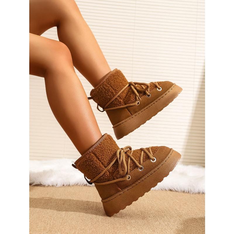 Women's New Winter Fleece Lined Thickened Elevated Chunky Sole Lace Up Fashionable Warm Cotton Boots