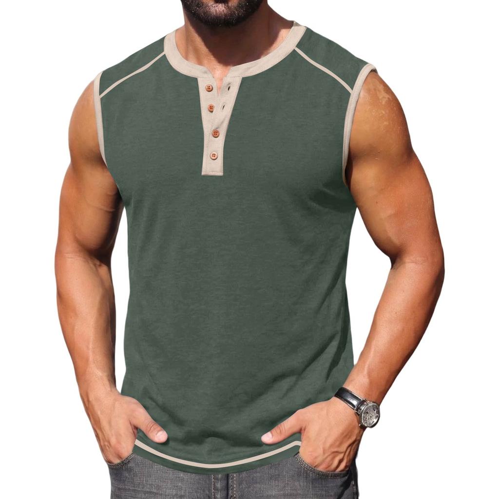 Men Sleeveless Henley Shirt Casual Athletic Tank Top Button Front Muscle Fit Summer Workout Shirt for Outdoor Sports