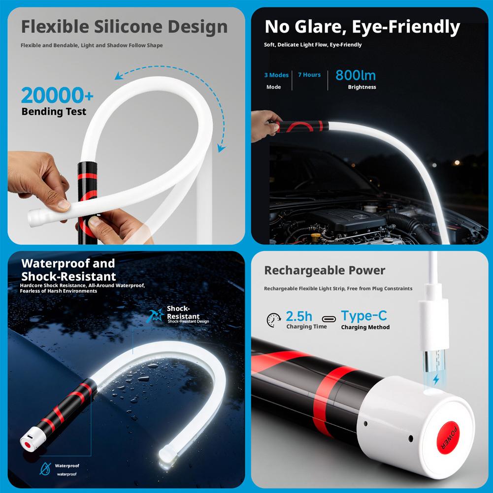Flexible LED Flashlight Stick 73cm, Rechargeable High Brightness Flashlight, Professional Silicone Work Light for Car Repar