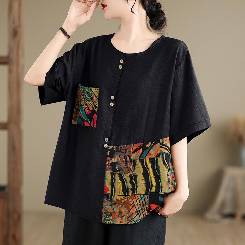 

Модные футболки с принтом, с круглым вырезом и коротким рукавом, женские, летние, больших размеров, свободные, повседневные, с пуговицами, топы-футболки, женские 2025 3XL чёрный