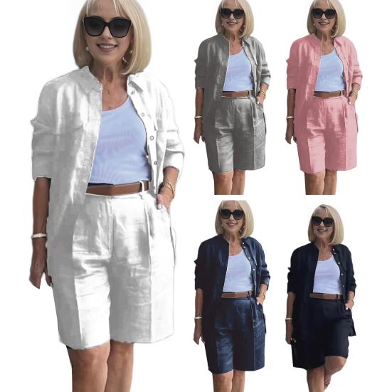 2 Pcs/Set Women Shirt Shorts Set Solid Color Long Sleeves Lapel Blouse