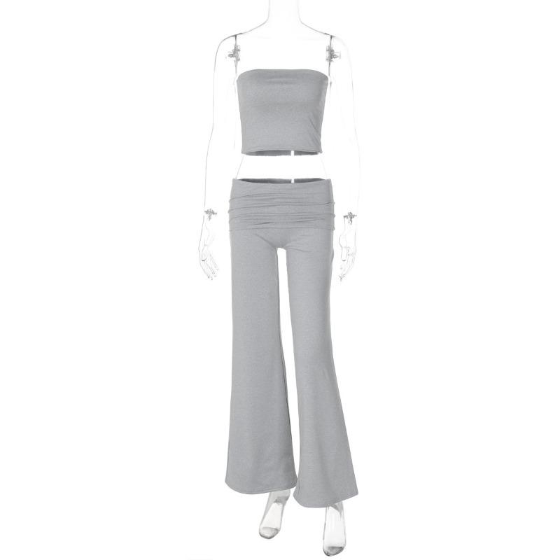 Women Casual Solid Strapless Sleeveless Top Flared Pants Two Piece Set