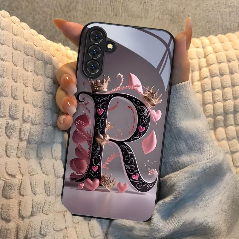 Letter R Crown Pattern Glass Phone Case Suitable for Samsung Galaxy S26 S25 S24 S22 S21 S20 FE/Ultra/Plus Hard Case