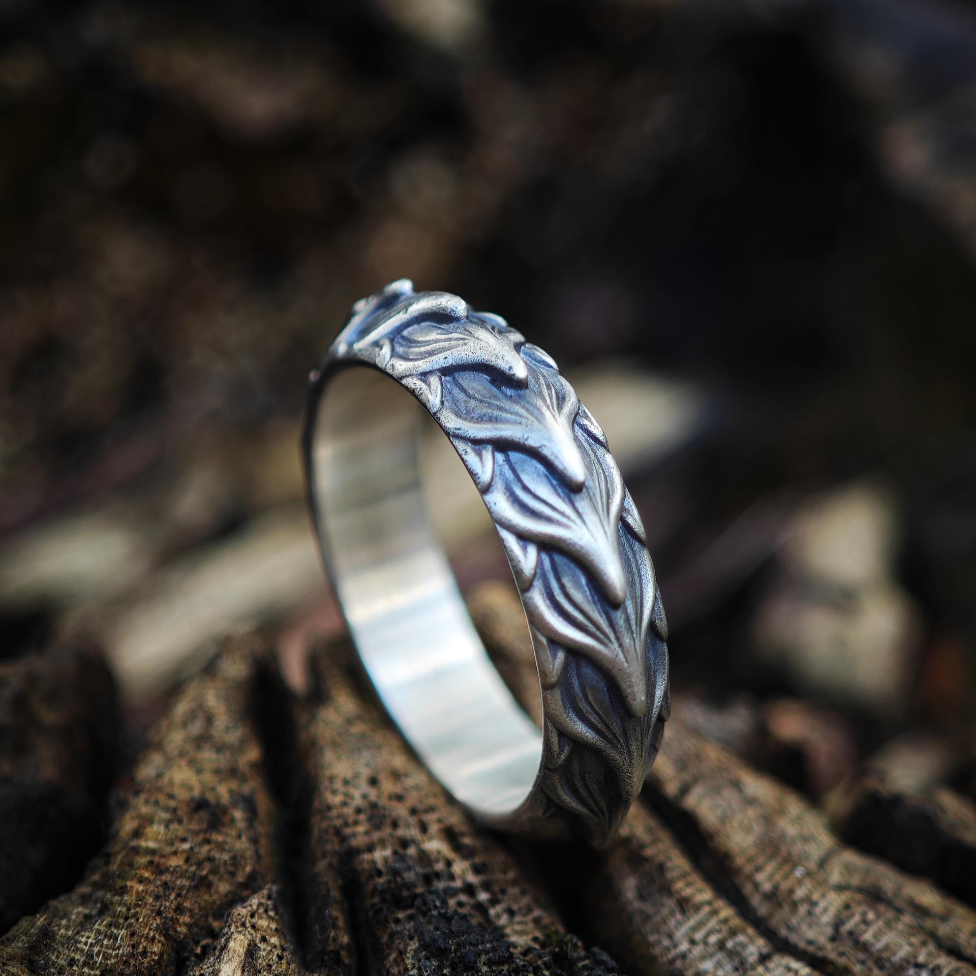 Yin Taifei Retro DUALFLOW Red Lotus Dragon Scale Armor Ring in Weathered Thai Silver Adjustable Open Size