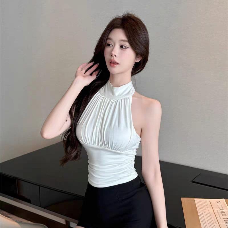 Women's Fleece Halter Tie Tank Top Ruched Side Slim Crop Top Built In Bra Pure Aesthetic Sleeveless Layering Vest For Fall Daily Wear
