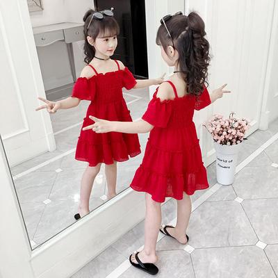 Meisjesjurk Zomer Off-shoulder Effen Kleur Kinderen Prinsessenjurk Meisje Breteljurken voor 2-8 Jaar Oud