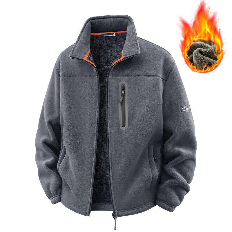 Solid Men's Fleece-Lined Bomber Jacket Winter Windproof Stand-Collar Zip-Up Thicken Warm Plush Coat Fashion Clothing